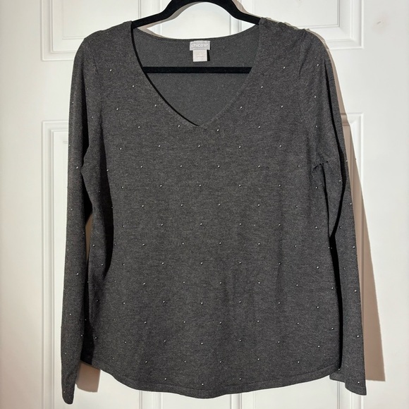 NWT Chico’s Beaded Charcoal Grey Pullover Top, Size 0 Small - Picture 2 of 9